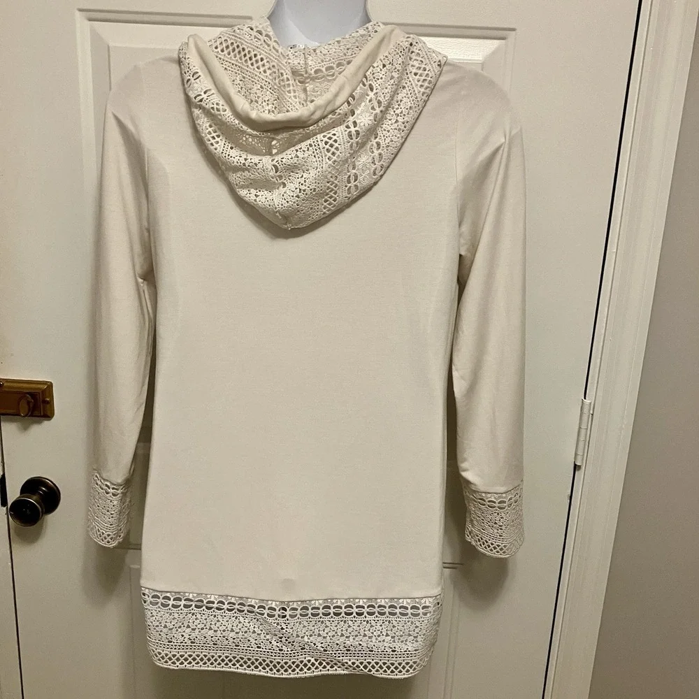 Venus Sz Large Ivory Off White Embroidered Hooded Swimsuit Cover Up Top 1/4‎ Zip